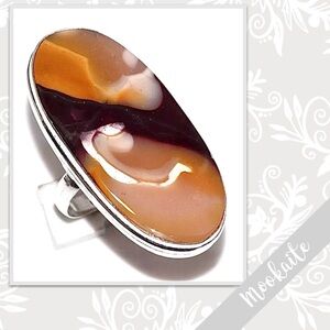Mookaite Jasper Large Silver Artisan Ring, Size 8.5 (Plum, Golden Orange, Cream)
